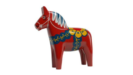 A vibrant red Dala horse, a traditional Swedish folk art wooden statuette, adorned with intricate blue, yellow, and white floral patterns. background removed