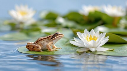 A frog rests on a lily pad surrounded by blooming water lilies, reflecting a serene aquatic environment.