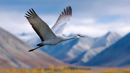 Fototapeta premium A majestic crane soars gracefully over a mountainous landscape, showcasing its wingspan against a backdrop of soft clouds and serene colors.