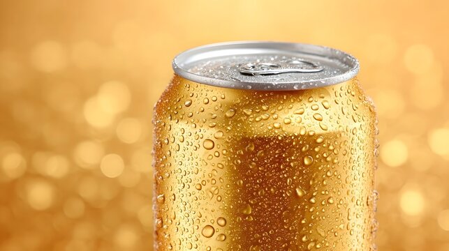 Close up of a metallic golden aluminum can filled with a refreshing cold beverage glistening with numerous condensation water droplets on a soft bokeh background