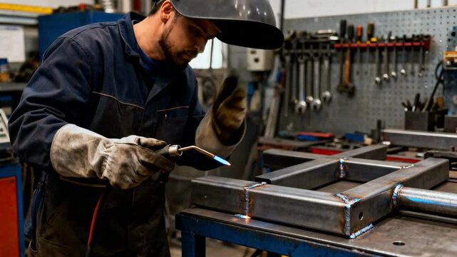 Skilled welder performing MIG welding on steel components creating precise clean joints with intense blue sparks in a welllit industrial workshop setting.