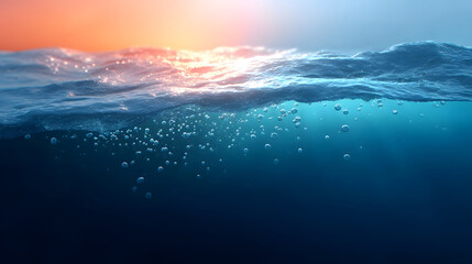 Serene underwater perspective showing numerous air bubbles ascending towards the illuminated ocean surface bathed in the soft glow of a sunset or sunrise