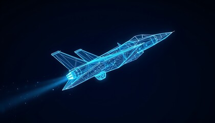 Blue wireframe jet fighter with glowing exhaust and particles on dark background image photo