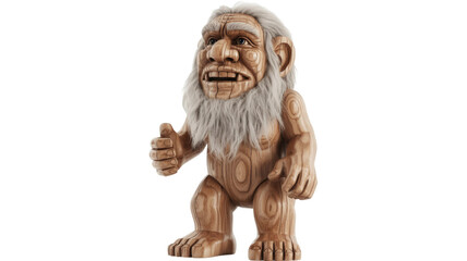 Fototapeta premium A charming wooden troll figurine with white hair and beard, featuring a large nose and ears, giving a friendly thumbs-up gesture. background removed