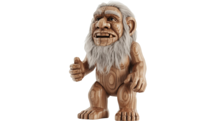 A charming wooden troll figurine with white hair and beard, featuring a large nose and ears, giving a friendly thumbs-up gesture. background removed