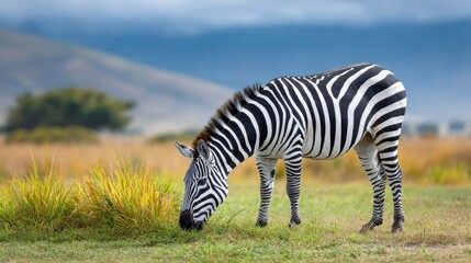 Obraz premium A zebra grazes peacefully in a grassy field, showcasing its distinctive black and white stripes against a blurred background of hills.
