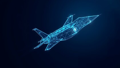Blue wireframe jet fighter with glowing polygonal mesh on dark blue background image photo