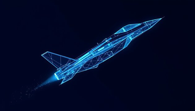 Blue wireframe jet fighter with glowing exhaust and motion blur on dark background image photo