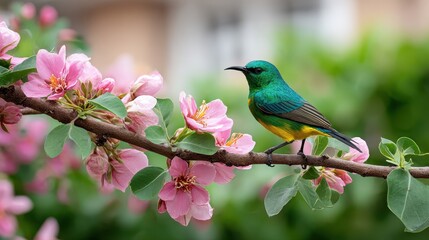 A vibrant bird with a green and yellow plumage perches on a branch adorned with pink blossoms, set against a blurred green background.