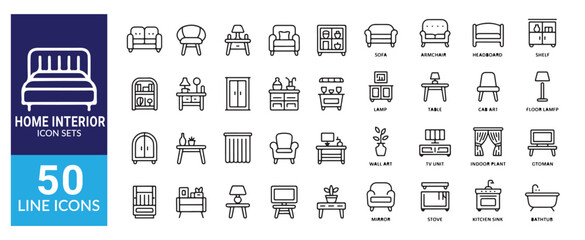 Home interior line icon set including sofa armchair headboard shelf lamp table and other residential furniture