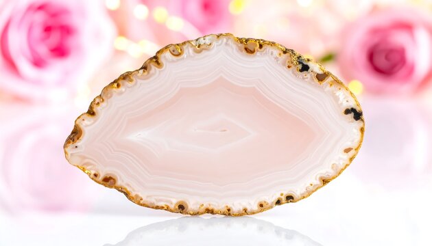 A cross-section of a polished, pale pink agate stone rests against a blurred background of soft pink roses and subtle string lights. The stone displays banded patterns