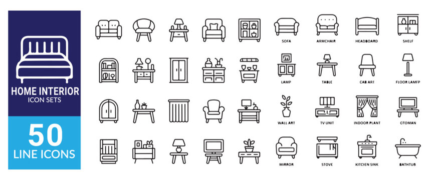 Home interior line icon set including sofa armchair headboard shelf lamp table and other residential furniture