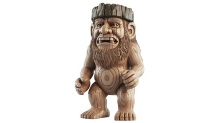 Detailed wooden carving of a standing troll with a bark hat, prominent nose, and beard, displaying an expressive face. background removed