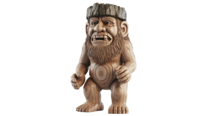 Detailed wooden carving of a standing troll with a bark hat, prominent nose, and beard, displaying an expressive face. background removed