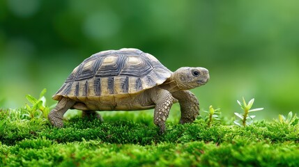 A tortoise walks on vibrant green moss, showcasing its textured shell against a blurred natural background.