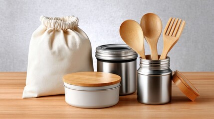 A collection of kitchen utensils and containers, including wooden spoons and jars, arranged on a wooden surface with a textured background.