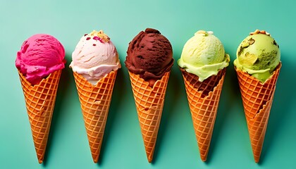 Five ice cream cones, each with a differently colored scoop, aligned on a light blue background