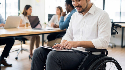 Smiling asian businessman in wheelchair using digital tablet during inclusive meeting in modern office with diverse coworkers collaborating