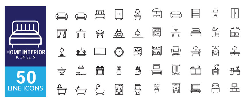 Home interior line icon set with sofa bed armchair wardrobe table lamp and many other furnishing elements