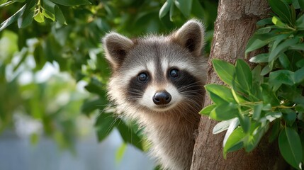A close-up of a raccoon peeking from behind a tree, surrounded by lush green leaves, showcasing its curious expression and striking facial features.