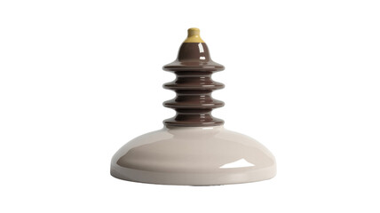 A ceramic electrical insulator with a light beige bell-shaped base and a ribbed, elongated brown top with a yellow tip. background removed