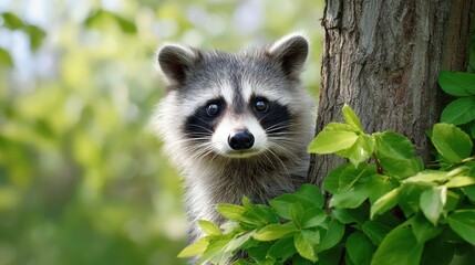 A curious raccoon peeks from behind a tree, surrounded by vibrant green leaves in a natural setting.