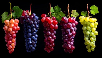 Five grape bunches in shades of red, purple, and green, against a dark background, showing stems and leaves