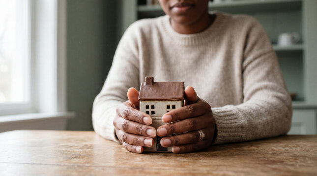 Close up of person protecting small house model with hands on wooden table in cozy home interior, symbolizing security and ownership