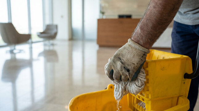 Janitor squeezing wet mop into yellow bucket while cleaning polished office lobby floor with natural daylight in background