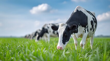 Black and white dairy cows in a vibrant green pasture grazing on fresh grass on a sunny day with blue skies and soft clouds evoking a serene rural agricultural scene