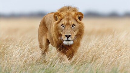 Fototapeta premium A majestic lion walks through tall grass, showcasing its strength and beauty in a natural setting.