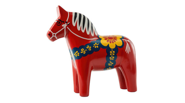 A beautifully painted red Swedish Dala horse figurine, adorned with traditional yellow, blue, and white floral patterns. A classic Scandinavian folk art piece. background removed