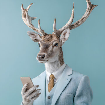 Portrait of a deer standing in a trendy blue suit with smart telephone. Abstract, illustrated, minimal portrait of a wild animal dressed up as a man in elegant clothes.