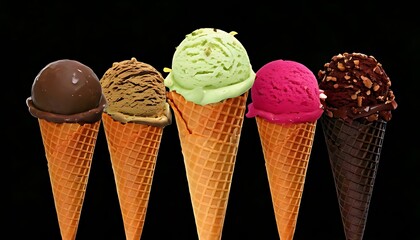 Five ice cream cones with different flavored scoops against a black background, arranged side-by-side