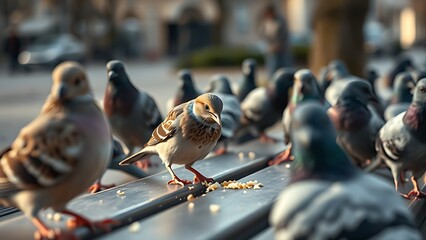atrocity. A common sparrow among pigeons pecking crumbs on a city park bench in morning light. wildlife magazines, conservation campaigns, designed for nature documentaries and education.