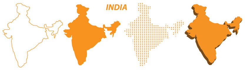 India Map Vector Set, Asia Outline Silhouette Dotted 3D Solid Shapes, South Asia Country Infographic Template, Editable EPS Geography