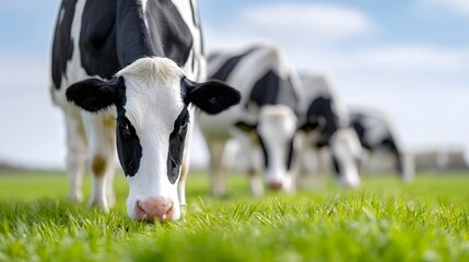 A herd of black and white dairy cows grazes on vibrant green grass in a sunlit rural meadow set against a bright sky with scattered clouds