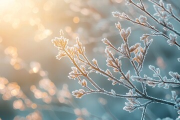 Sparkling ice crystals glow softly against tranquil winter scenery, Delicate frost patterns and pastel hues create peaceful winter morning ambiance with shimmering ice