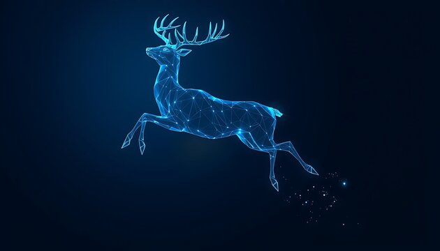 Blue Wireframe Deer Silhouette Leaping With Digital Particles On Dark Blue Background stag animal