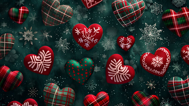 A festive phone wallpaper featuring red and green plaid hearts surrounded by delicate snowflakes, creating a cozy and cheerful holiday atmosphere. - Powered by Adobe