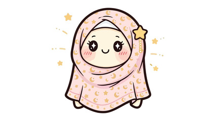 Sweet Reverie: A charming cartoon girl, veiled in a hijab adorned with celestial patterns, radiates happiness. The scene evokes a sense of peace and tranquility.