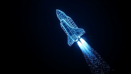 Blue wireframe space shuttle with bright engine exhaust on black background rocket launch
