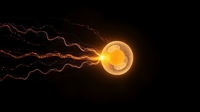subjective. A single, glowing primordial cell dividing rapidly in a dark aquatic environment with vibrant energy trails. STEM education sheets.