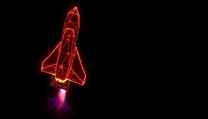 Red wireframe rocket angled and launching with purple exhaust against black background spaceship space