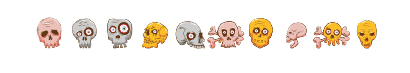 A collection of colorful cartoon skulls and crossbones in a vibrant, pop art style, isolated on a white background, vector illustration.