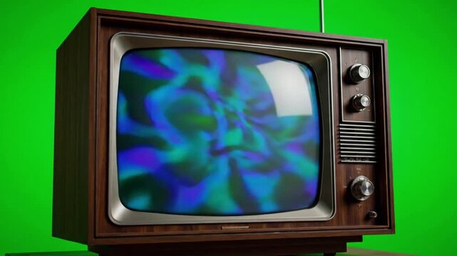 Green screen fades into cinematic landscape with Vintage Television Set Green Background effect green screen style featuring retro