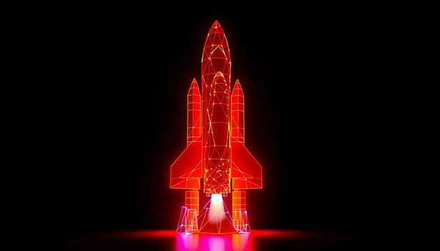 Red wireframe rocket ship with glowing engines and bright lights on black background spaceship space