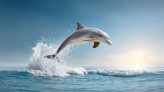 A dolphin leaps gracefully from the ocean, creating a splash beneath a clear sky, showcasing the beauty of marine life.