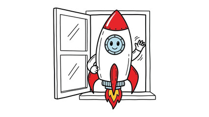 Blast Off: A whimsical rocket ship, with a friendly face, prepares for takeoff, emerging from a window against a clean backdrop.  