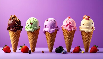 Five ice cream cones, various flavors, sit against a purple background with scattered fresh berries and nuts